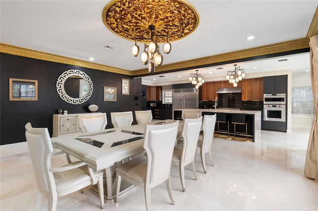 dining area featuring a notable chandelier, recessed lighting, visible vents, and ornamental molding