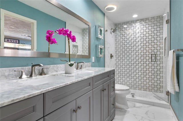 full bathroom with a shower stall, toilet, and a sink