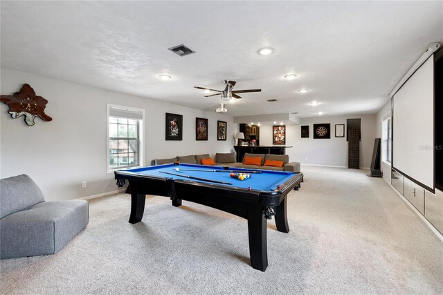 rec room with visible vents, light colored carpet, pool table, and baseboards