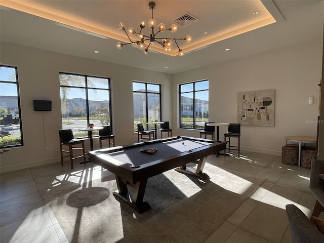 recreation room with tile patterned floors, visible vents, billiards, a tray ceiling, and baseboards