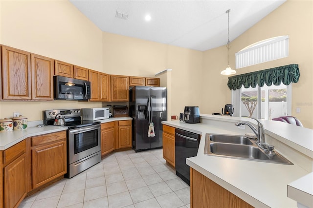 kitchen with dishwasher, black fridge with ice dispenser, white microwave, stainless steel electric range, and a sink