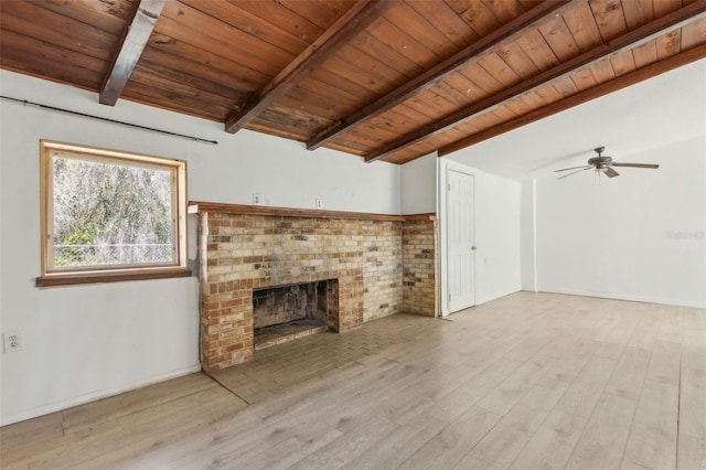 unfurnished living room featuring lofted ceiling with beams, wood ceiling, wood finished floors, and a fireplace