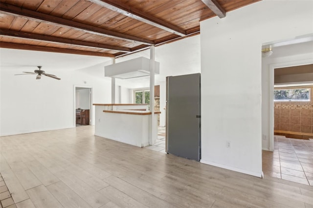 unfurnished living room featuring light wood-style flooring, wood ceiling, lofted ceiling with beams, and a ceiling fan