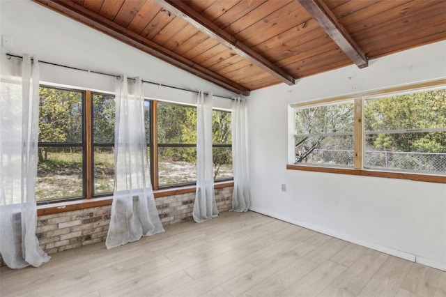 unfurnished sunroom with lofted ceiling with beams and wood ceiling