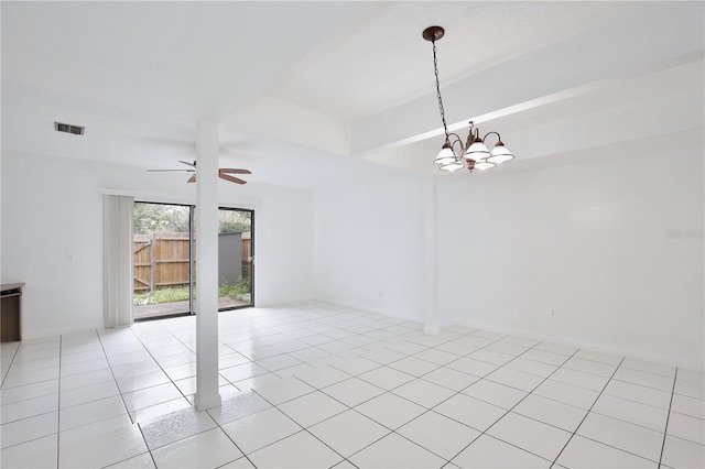 unfurnished room with light tile patterned floors, visible vents, and ceiling fan with notable chandelier