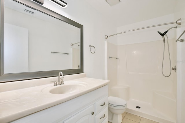 full bathroom with a shower, visible vents, toilet, vanity, and tile patterned flooring