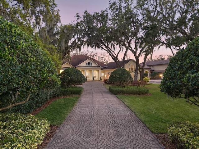 view of front of property with a lawn, driveway, and stucco siding