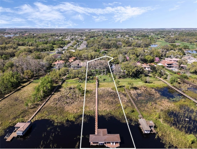 bird's eye view featuring a water view and a wooded view