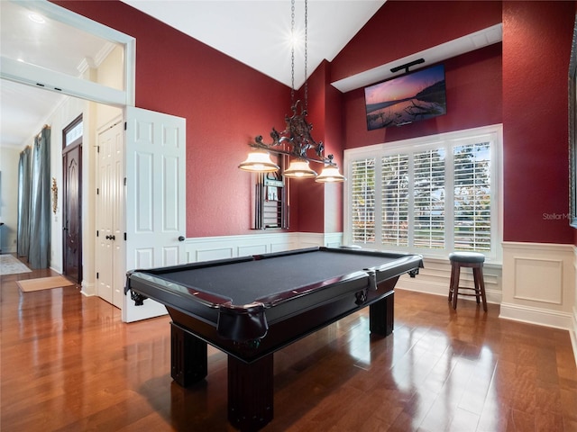 rec room featuring a decorative wall, ornamental molding, wainscoting, wood finished floors, and billiards