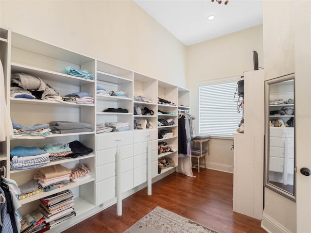 walk in closet with wood finished floors