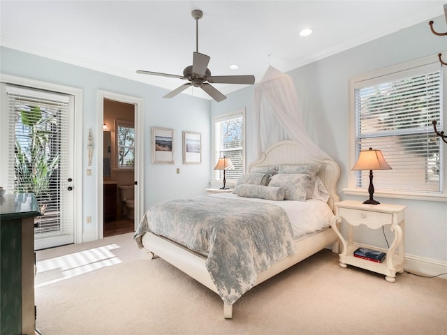 carpeted bedroom with access to exterior, recessed lighting, ornamental molding, a ceiling fan, and baseboards