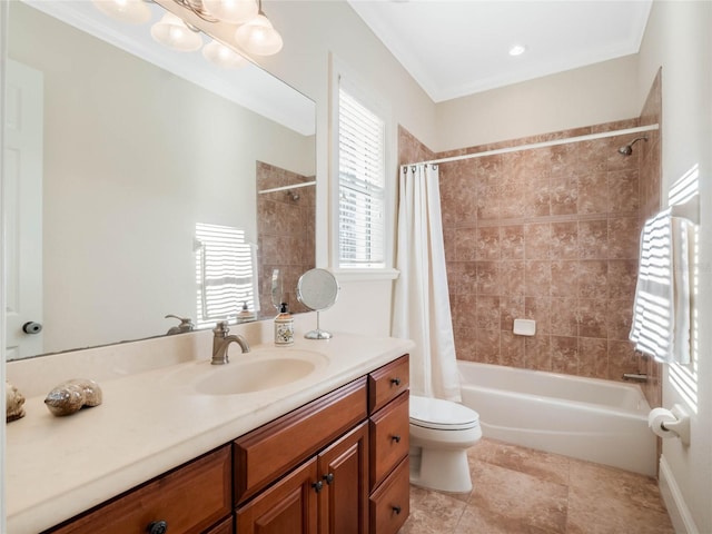 bathroom with toilet, shower / tub combo, tile patterned floors, and vanity