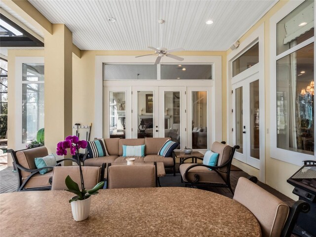 view of patio / terrace with ceiling fan, french doors, and outdoor lounge area