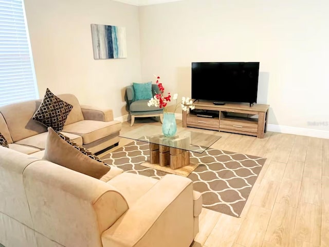 living area featuring wood finished floors and baseboards