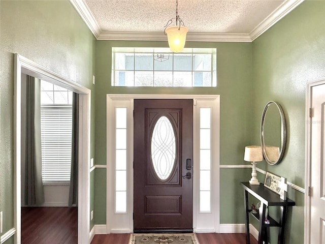 foyer entrance featuring a textured ceiling, a textured wall, dark wood-type flooring, and ornamental molding