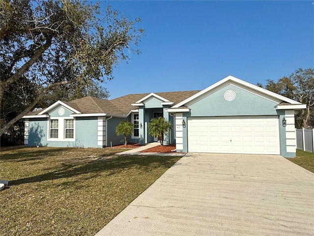 single story home with a front yard, concrete driveway, an attached garage, and stucco siding