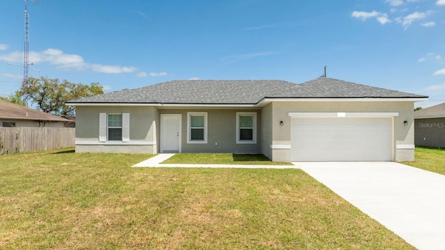 single story home featuring a garage, a front lawn, and stucco siding