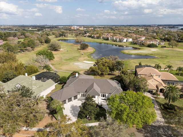 aerial view with a water view and golf course view