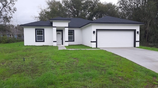 ranch-style house featuring a garage, driveway, a front lawn, and stucco siding