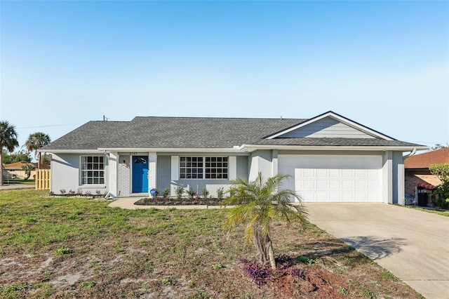 ranch-style home with a front lawn, driveway, an attached garage, a shingled roof, and brick siding