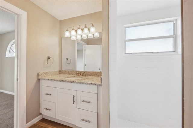 full bathroom with vanity, a healthy amount of sunlight, baseboards, and a textured ceiling