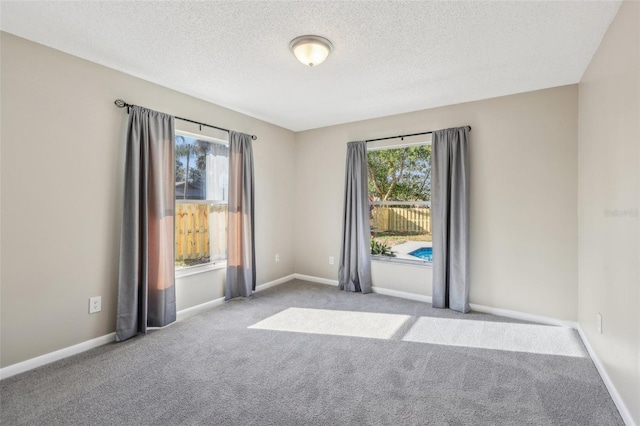 carpeted empty room featuring a wealth of natural light, baseboards, and a textured ceiling