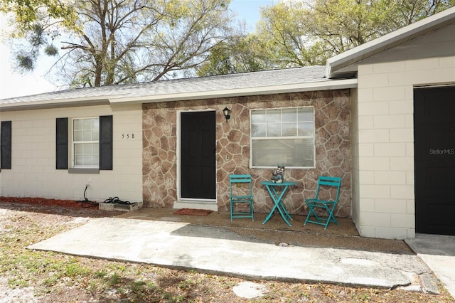 view of exterior entry with a shingled roof and concrete block siding