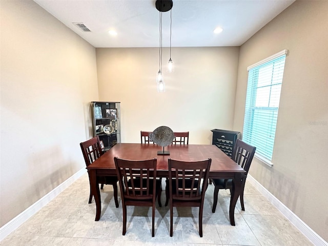 dining space with light tile patterned floors, visible vents, baseboards, and recessed lighting