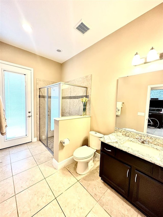 bathroom featuring tile patterned flooring, visible vents, a shower stall, and toilet