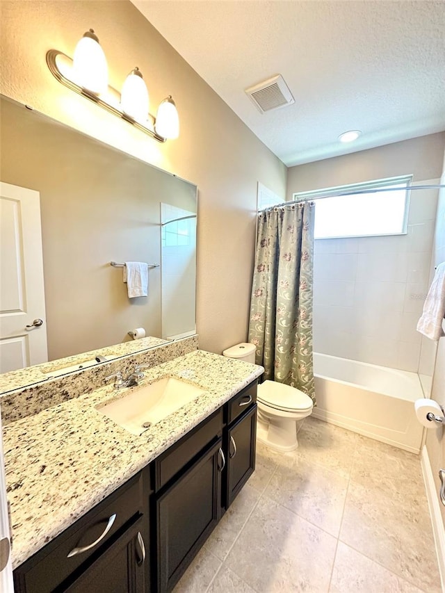 bathroom featuring tile patterned floors, visible vents, toilet, shower / bath combo, and vanity