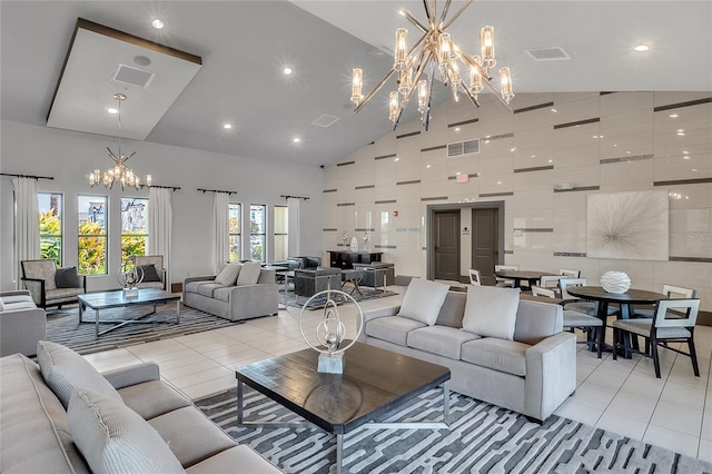 living room with light tile patterned floors, visible vents, and high vaulted ceiling