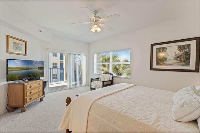 bedroom featuring access to exterior, carpet, and ceiling fan