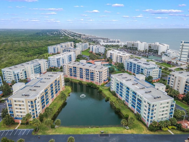 aerial view featuring a water view and a city view