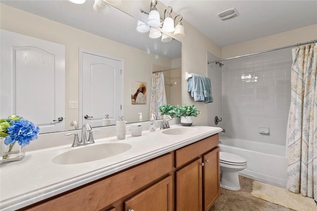 bathroom with a sink, visible vents, double vanity, and shower / bath combination with curtain