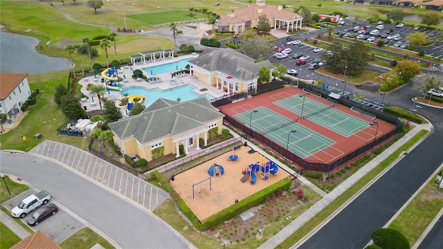 aerial view featuring a water view