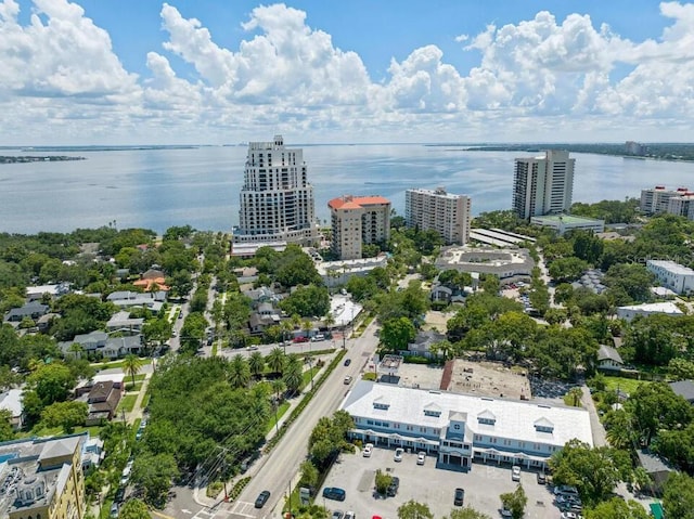 birds eye view of property featuring a water view and a city view