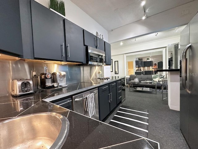 kitchen featuring rail lighting, decorative backsplash, appliances with stainless steel finishes, open floor plan, and a sink