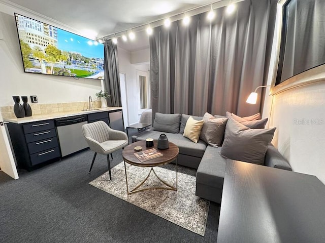 cinema room with indoor wet bar, rail lighting, dark colored carpet, and a sink