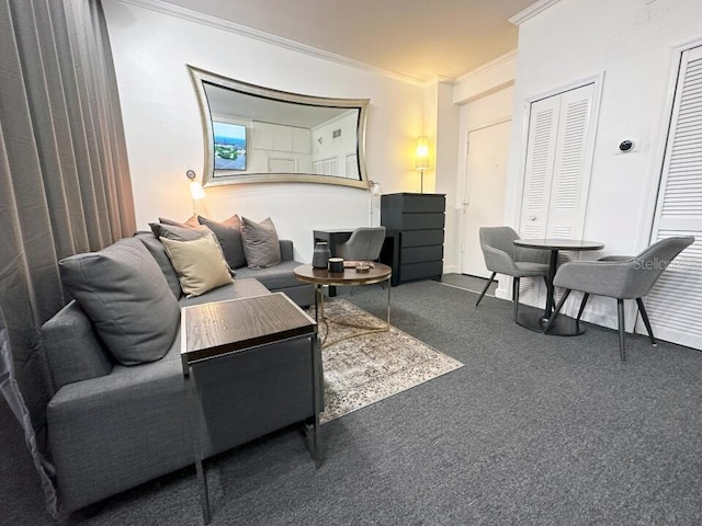 living area with ornamental molding and carpet flooring