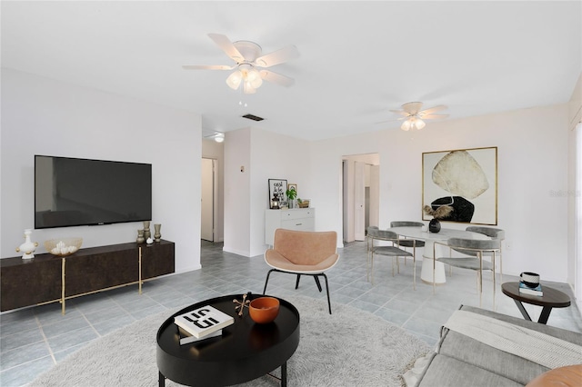 tiled living area featuring visible vents and a ceiling fan