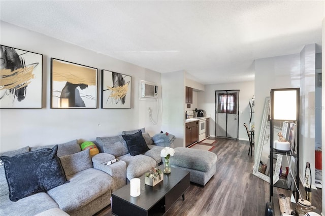 living area featuring a wall unit AC and dark wood-style flooring