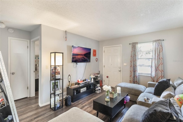 living room with a textured ceiling, wood finished floors, and baseboards