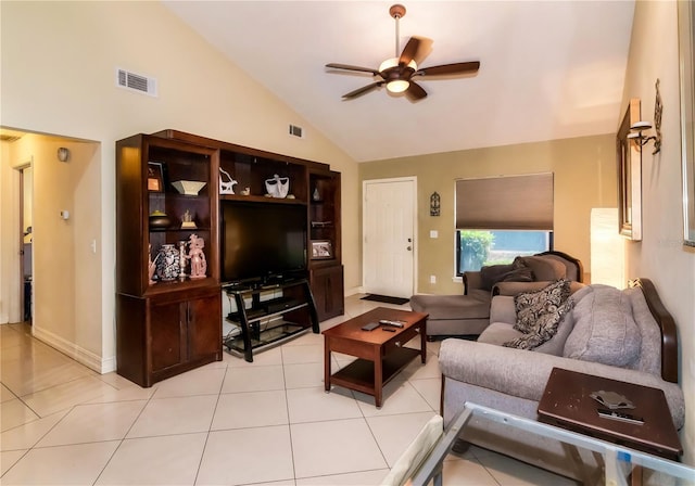 living room with light tile patterned floors, visible vents, baseboards, and ceiling fan