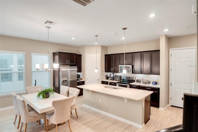 kitchen featuring light countertops, visible vents, hanging light fixtures, appliances with stainless steel finishes, and dark brown cabinetry