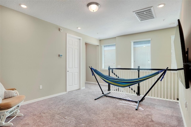 interior space featuring carpet, visible vents, a textured ceiling, and baseboards