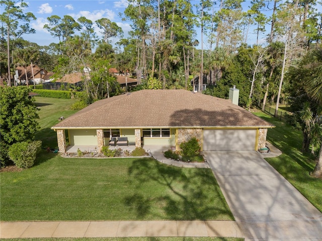 109 Sweetwater Oaks Ln, Daytona Beach, FL 32114 - ranch-style house featuring a front yard, driveway, an attached garage, a shingled roof, and a chimney