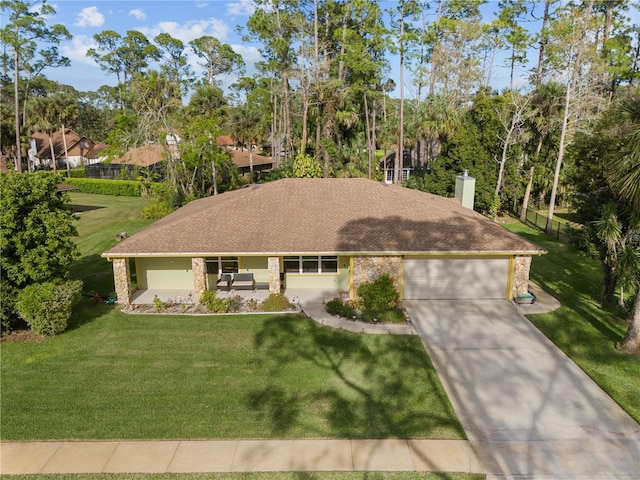 ranch-style house featuring a front yard, driveway, an attached garage, a shingled roof, and a chimney