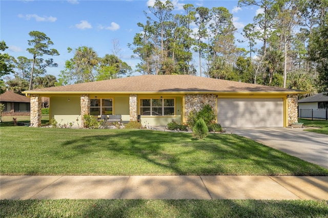 ranch-style house featuring stucco siding, driveway, a front lawn, stone siding, and a garage