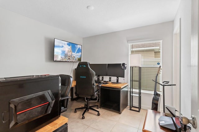 home office with light tile patterned floors