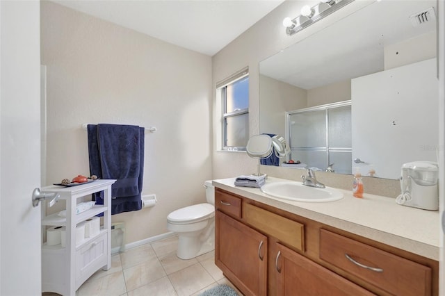 full bathroom with vanity, visible vents, a stall shower, tile patterned flooring, and toilet